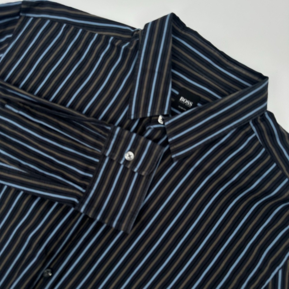 Hugo Boss Slim Fit Men XL Blue Brown Striped Long Sleeve Button Down Shirt Italy